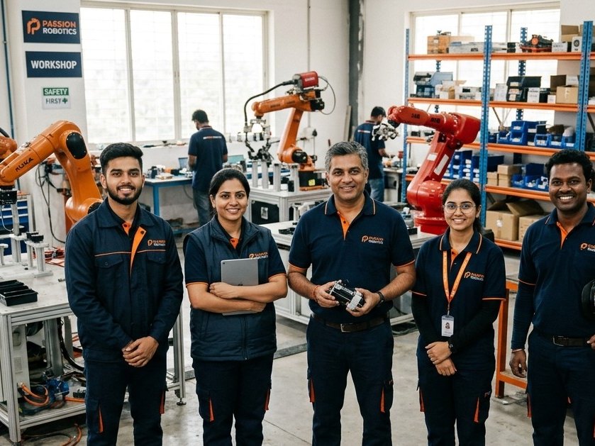 The Passion Robotics team in the Pune workshop alongside KUKA robots